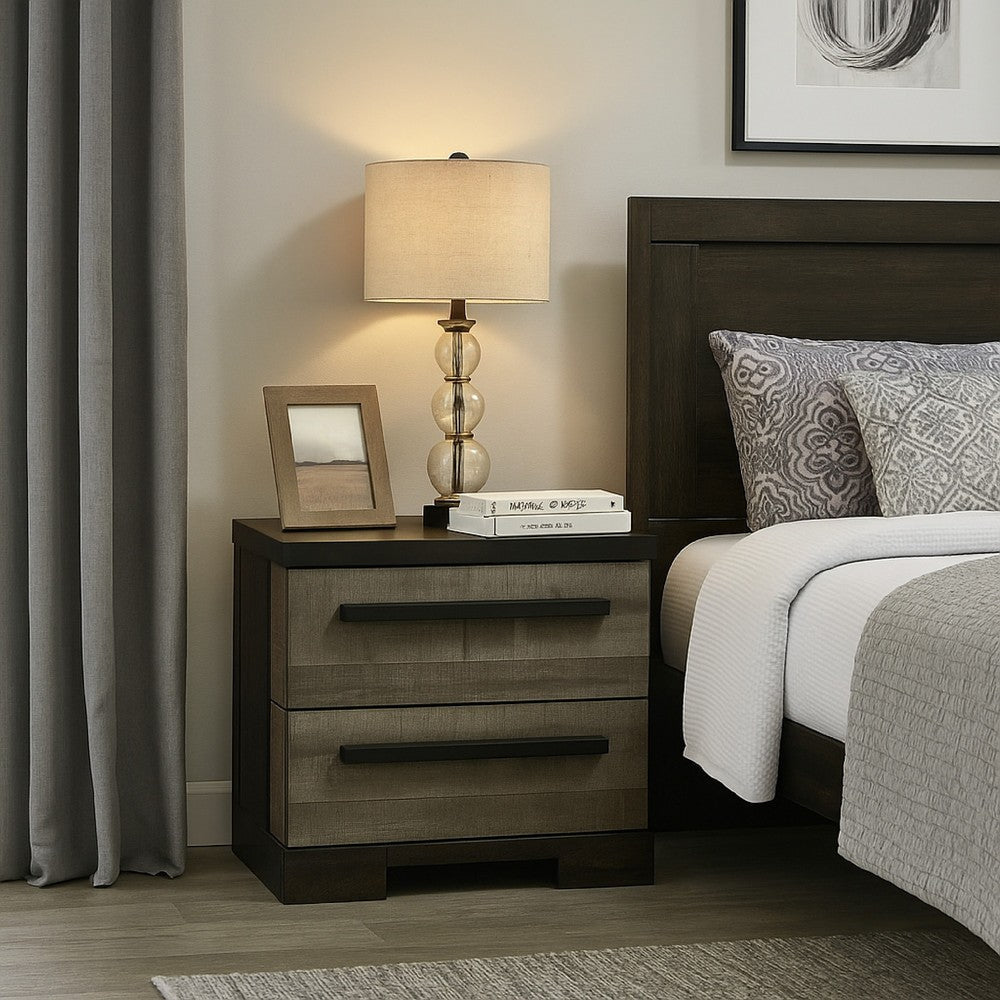 Ruthe Nightstand w 2 Drawers | Wide Top | Ebony Black | Gray Wood