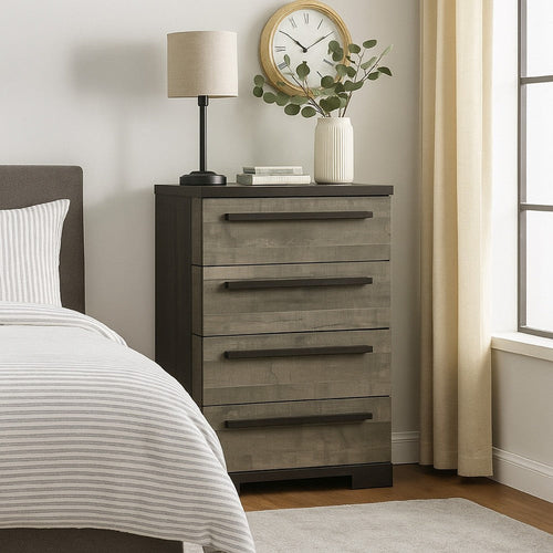 Ruthe Tall Dresser Chest w 4 Drawers | Ebony Black | Gray Wood BM338406