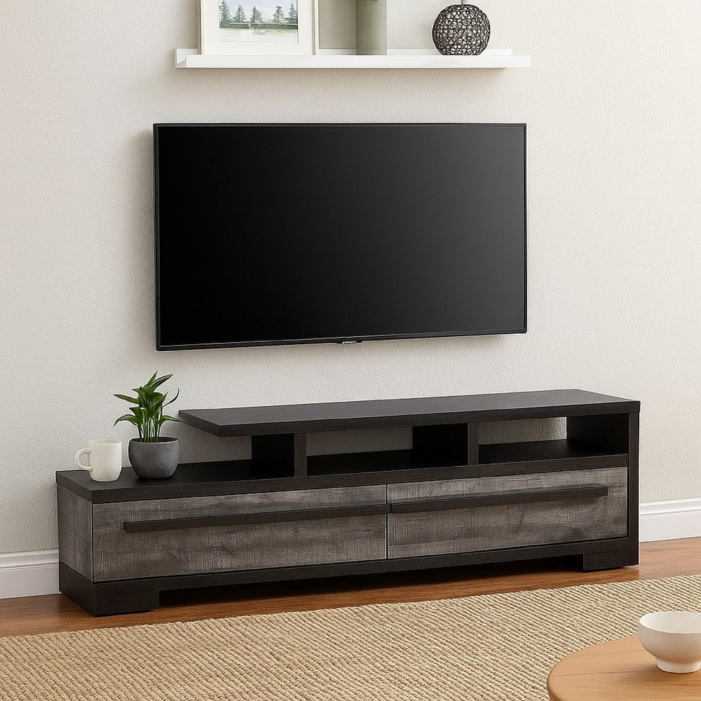 Ruthe TV Stand Media Console w 2 Drawers | Shelves | Black Gray Wood