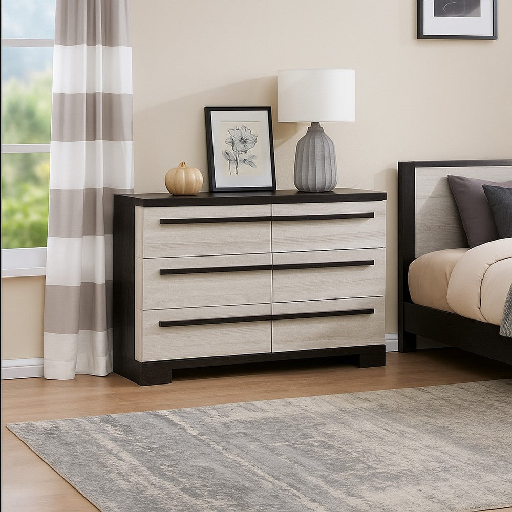Ruthe Wide Dresser w 6 Drawers | Ebony Black | White Wood