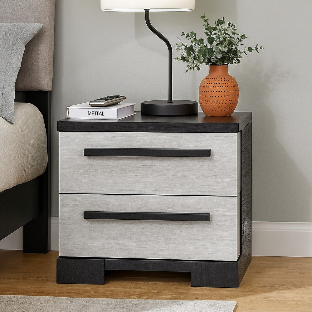 Ruthe Nightstand w 2 Drawers | Wide Top | Ebony Black | White Wood