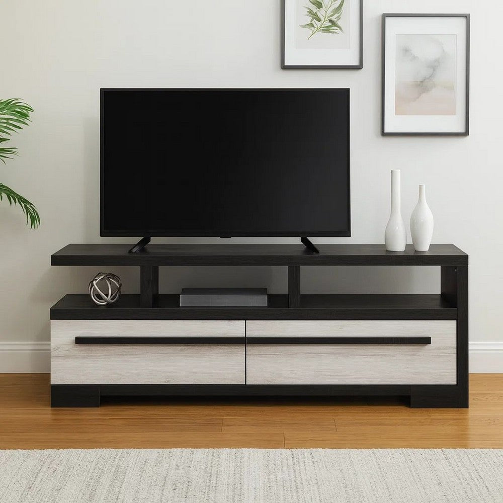 Ruthe TV Stand Media Cabinet w 2 Drawers | Shelves | Black & White Wood