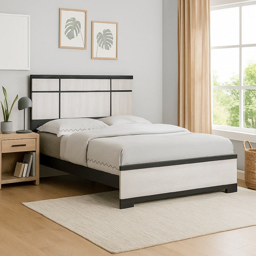Ruthe King Panel Bed w Horizontal Trim Lines | White Grained Wood