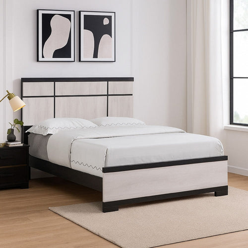 Ruthe Queen Panel Bed w Horizontal Trim Lines | White Grained Wood