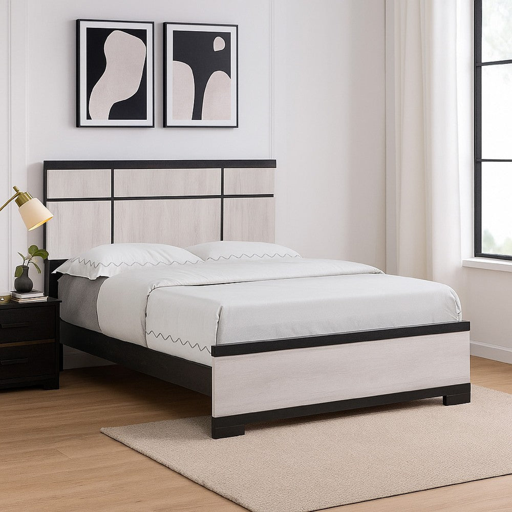 Ruthe Queen Panel Bed w Horizontal Trim Lines | White Grained Wood