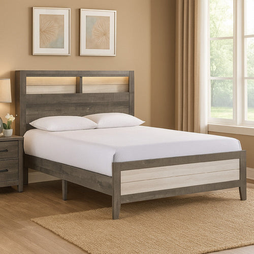 Ruthe Low Profile Queen Panel Bed w Built-In Lights | Ash Gray Wood