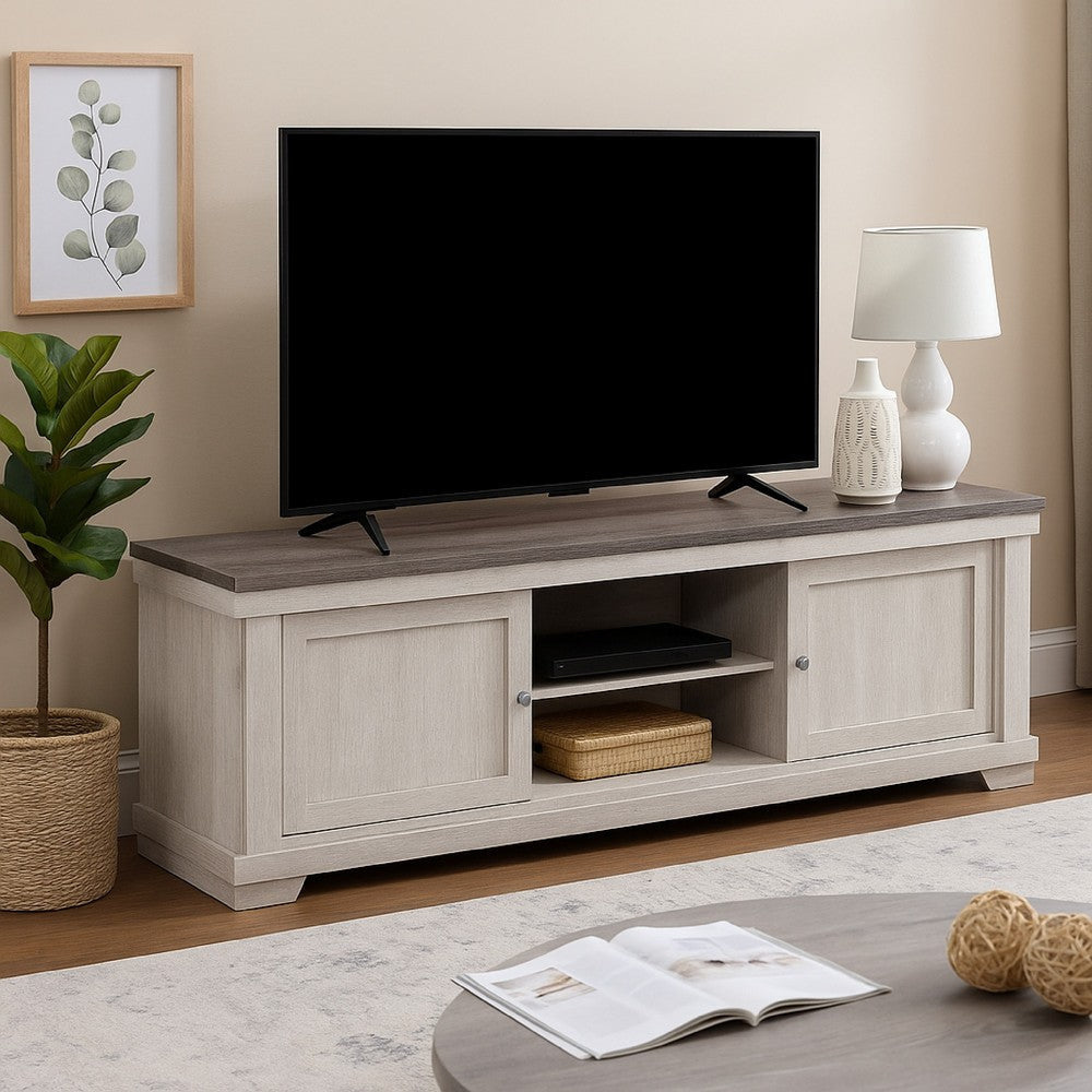 Leya TV Stand Media Cabinet | 2 Doors | 2 Shelves | Cable Cut Gray Wood