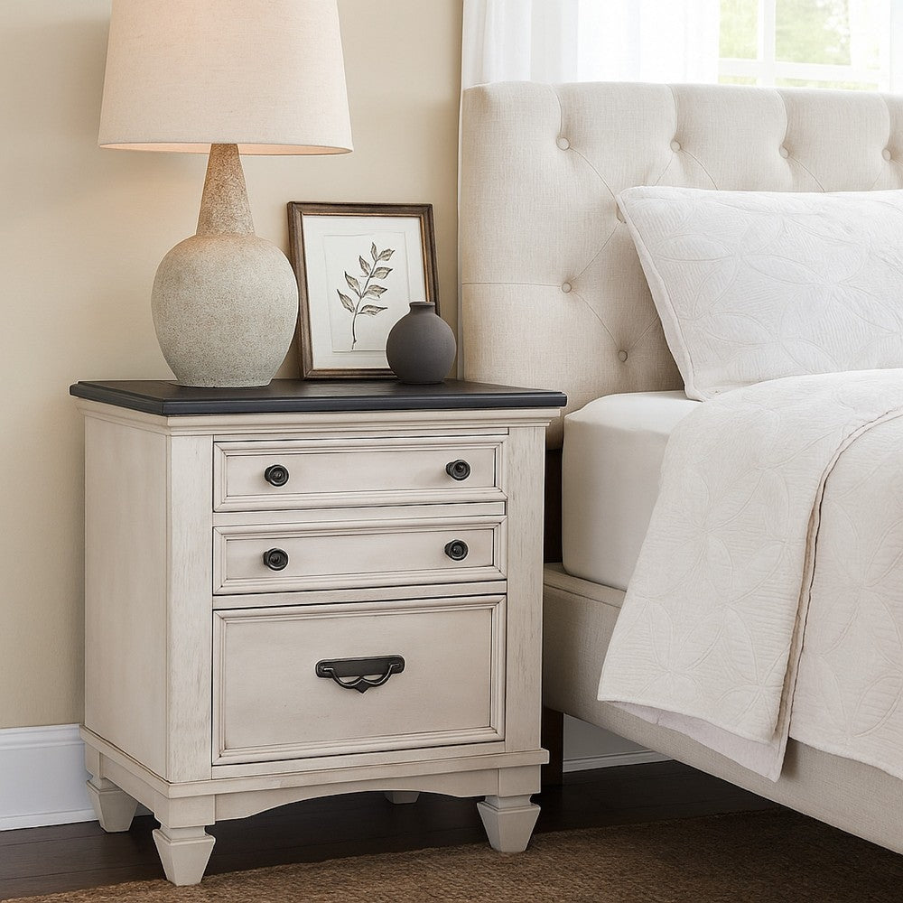Sawz Nightstand w 3 Drawers | Charcoal Plank Top | Light Gray Wood