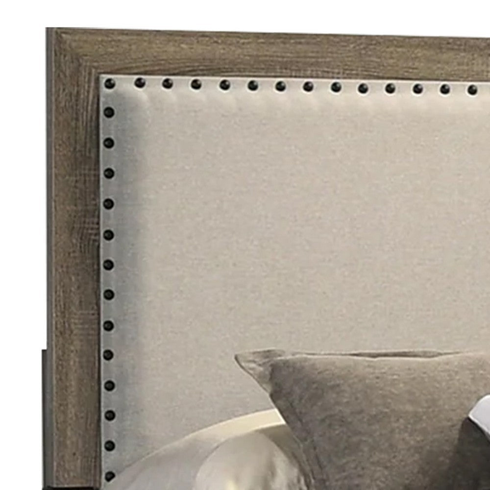 Shannon Full Panel Bed w Nailhead Trim | Ivory Fabric | Gray Wood BM338419