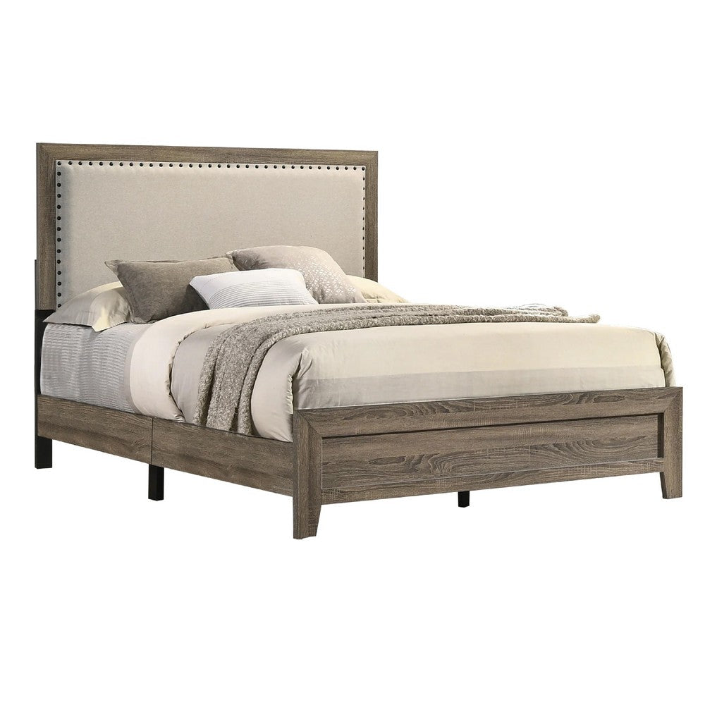 Shannon Full Panel Bed w Nailhead Trim | Ivory Fabric | Gray Wood BM338419