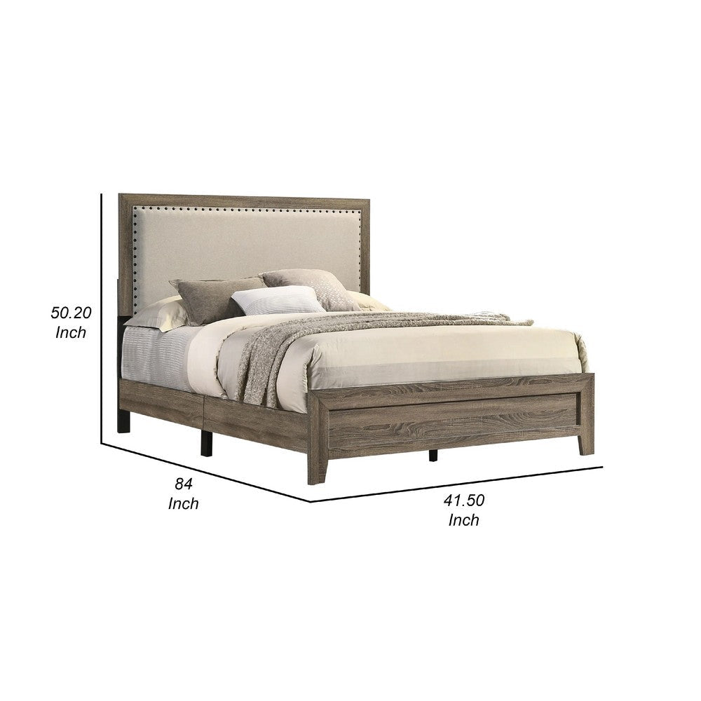Shannon Full Panel Bed w Nailhead Trim | Ivory Fabric | Gray Wood BM338419