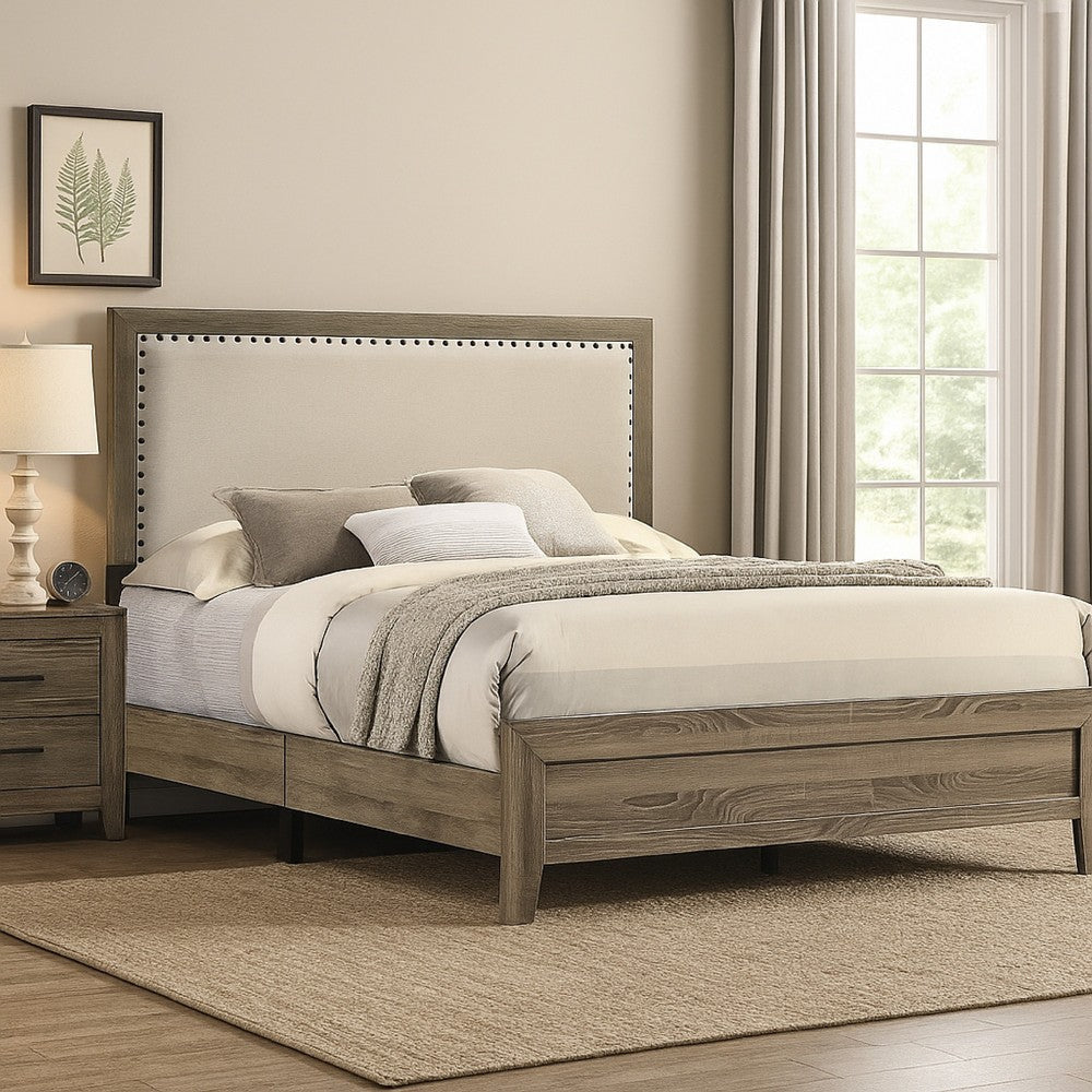 Shannon Full Panel Bed w Nailhead Trim | Ivory Fabric | Gray Wood