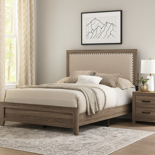 Shannon King Panel Bed w Nailhead Trim | Ivory Fabric | Gray Wood BM338420
