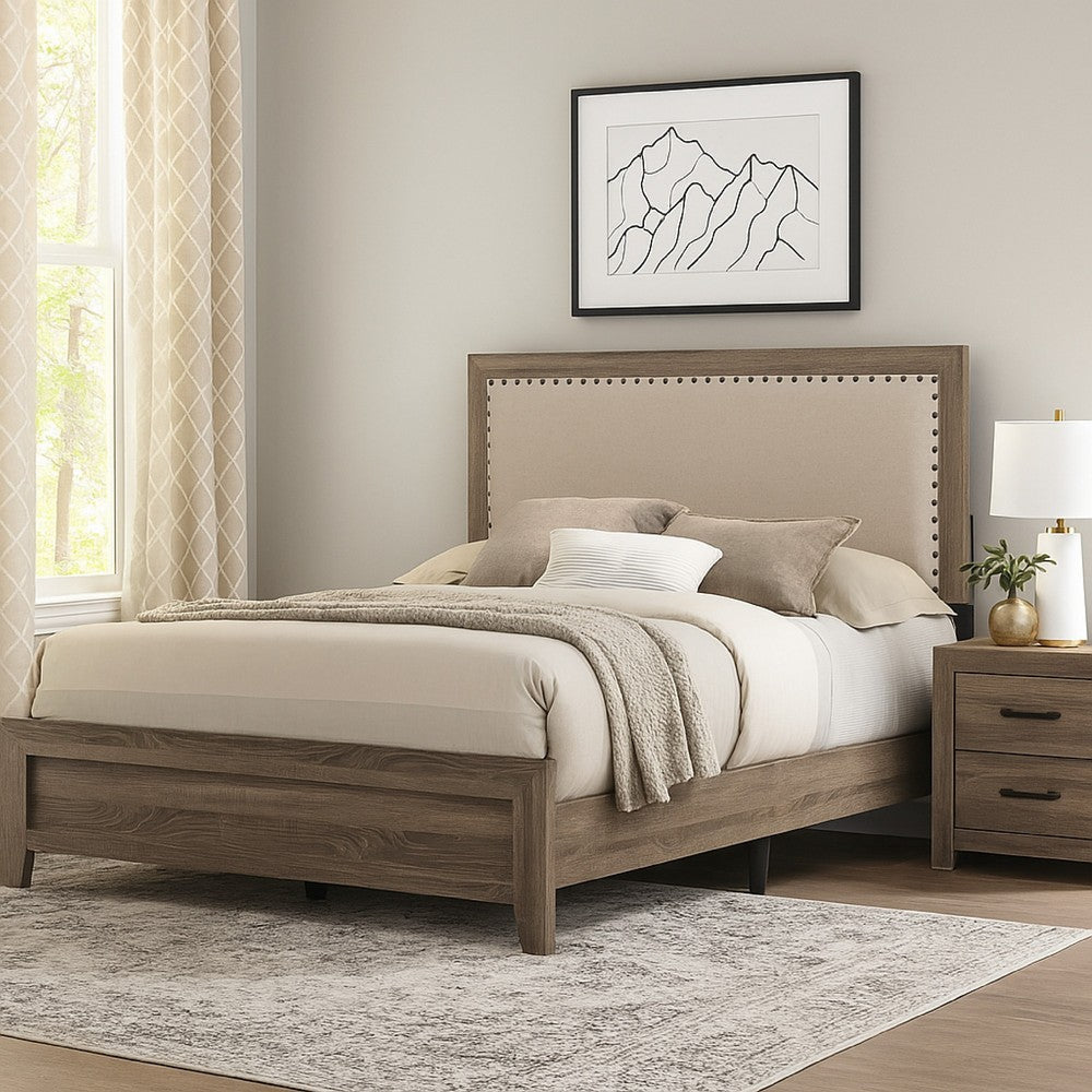 Shannon King Panel Bed w Nailhead Trim | Ivory Fabric | Gray Wood