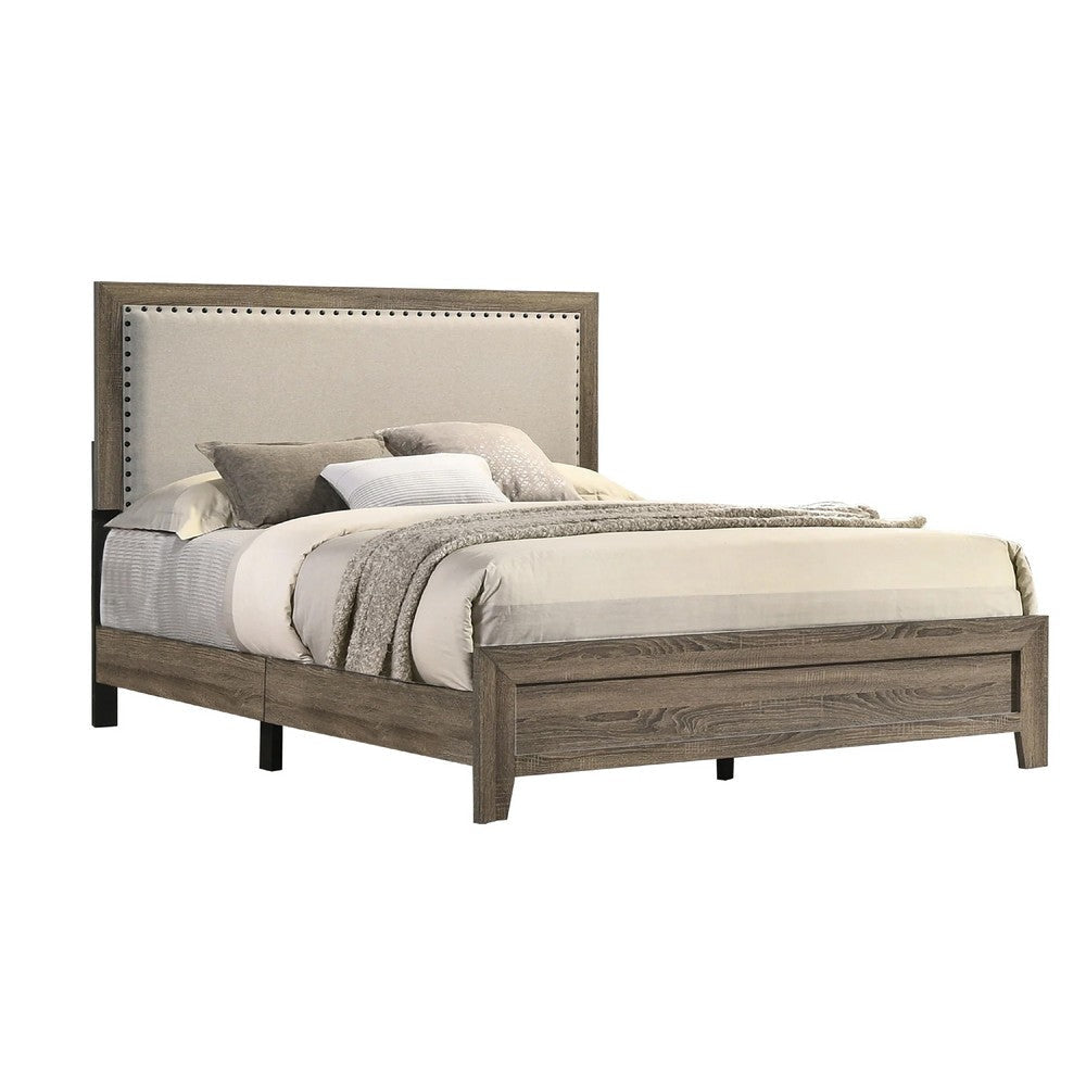 Shannon King Panel Bed w Nailhead Trim | Ivory Fabric | Gray Wood BM338420