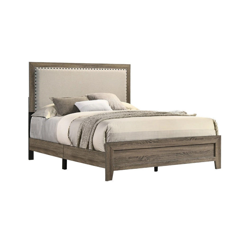Shannon Queen Panel Bed w Nailhead Trim | Ivory Fabric | Gray Wood BM338421