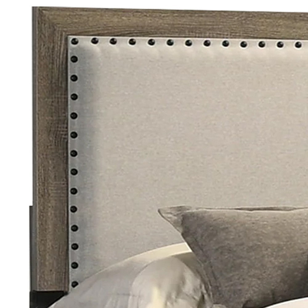 Shannon Queen Panel Bed w Nailhead Trim | Ivory Fabric | Gray Wood BM338421