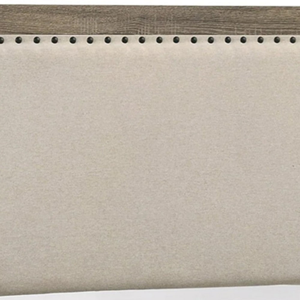 Shannon Queen Panel Bed w Nailhead Trim | Ivory Fabric | Gray Wood BM338421