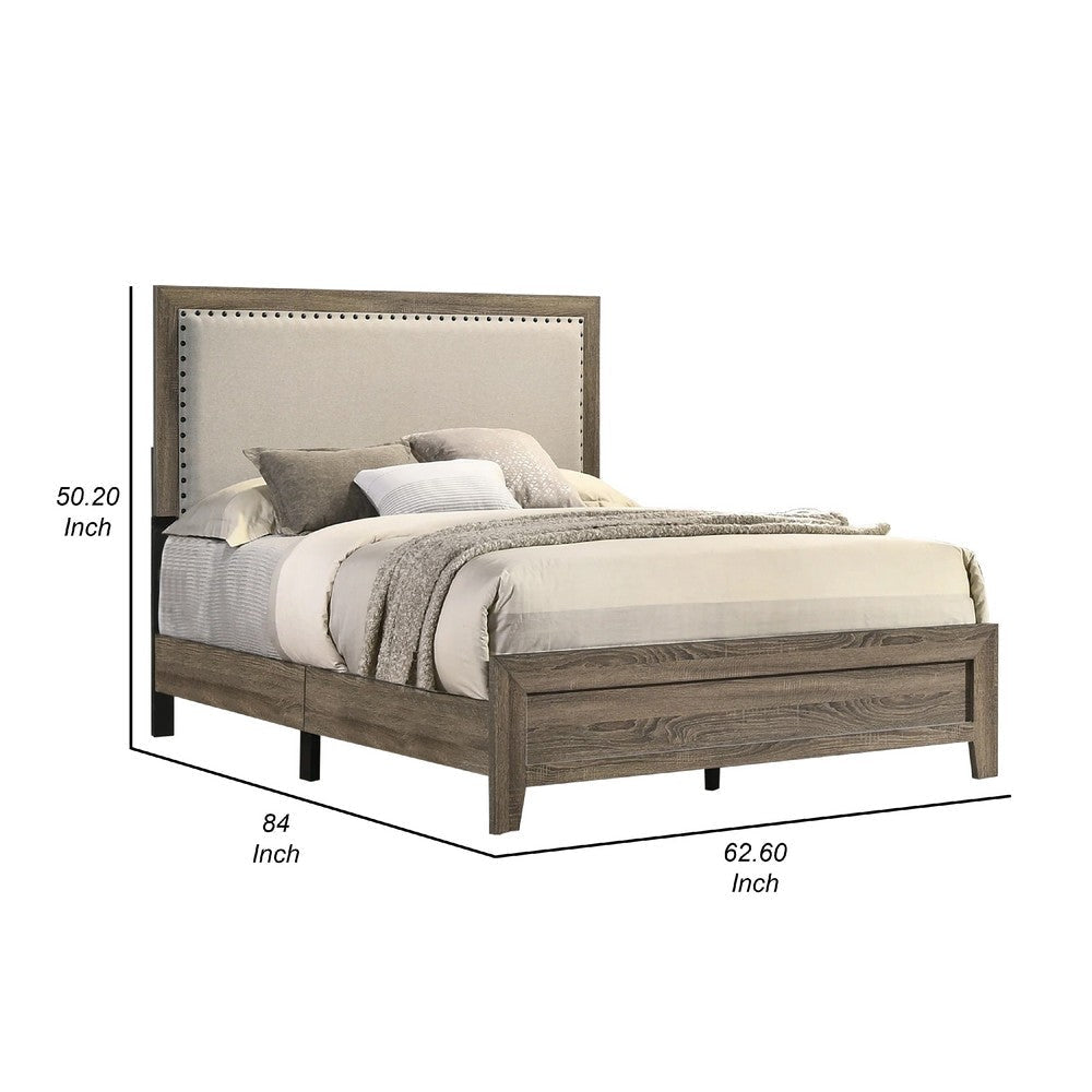 Shannon Queen Panel Bed w Nailhead Trim | Ivory Fabric | Gray Wood BM338421