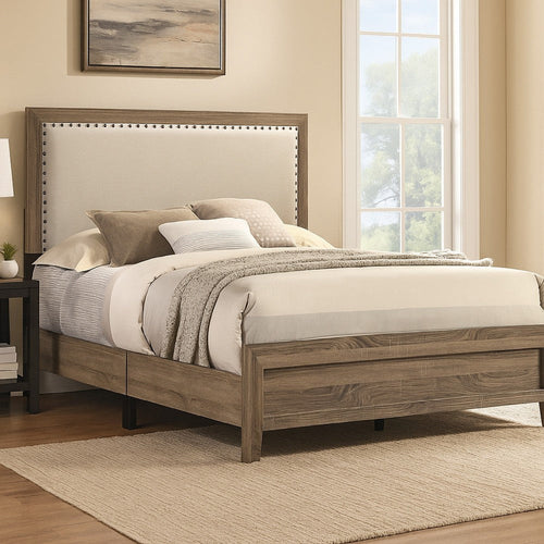 Shannon Queen Panel Bed w Nailhead Trim | Ivory Fabric | Gray Wood BM338421