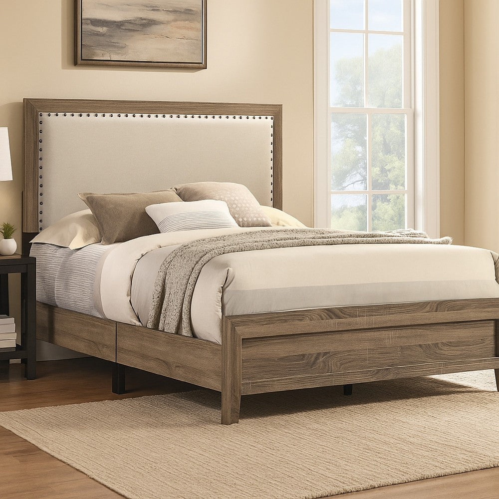 Shannon Queen Panel Bed w Nailhead Trim | Ivory Fabric | Gray Wood