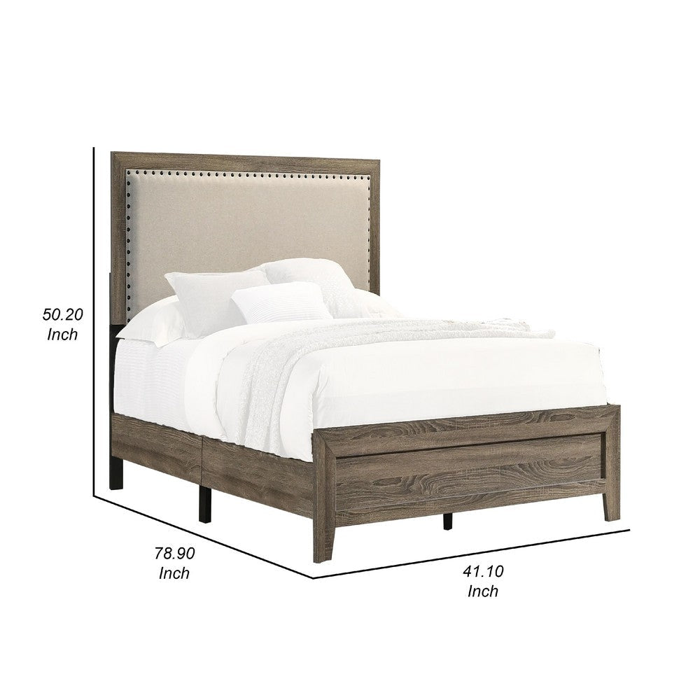 Shannon Twin Panel Bed w Nailhead Trim | Ivory Fabric | Gray Wood BM338422