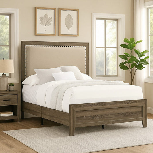 Shannon Twin Panel Bed w Nailhead Trim | Ivory Fabric | Gray Wood BM338422