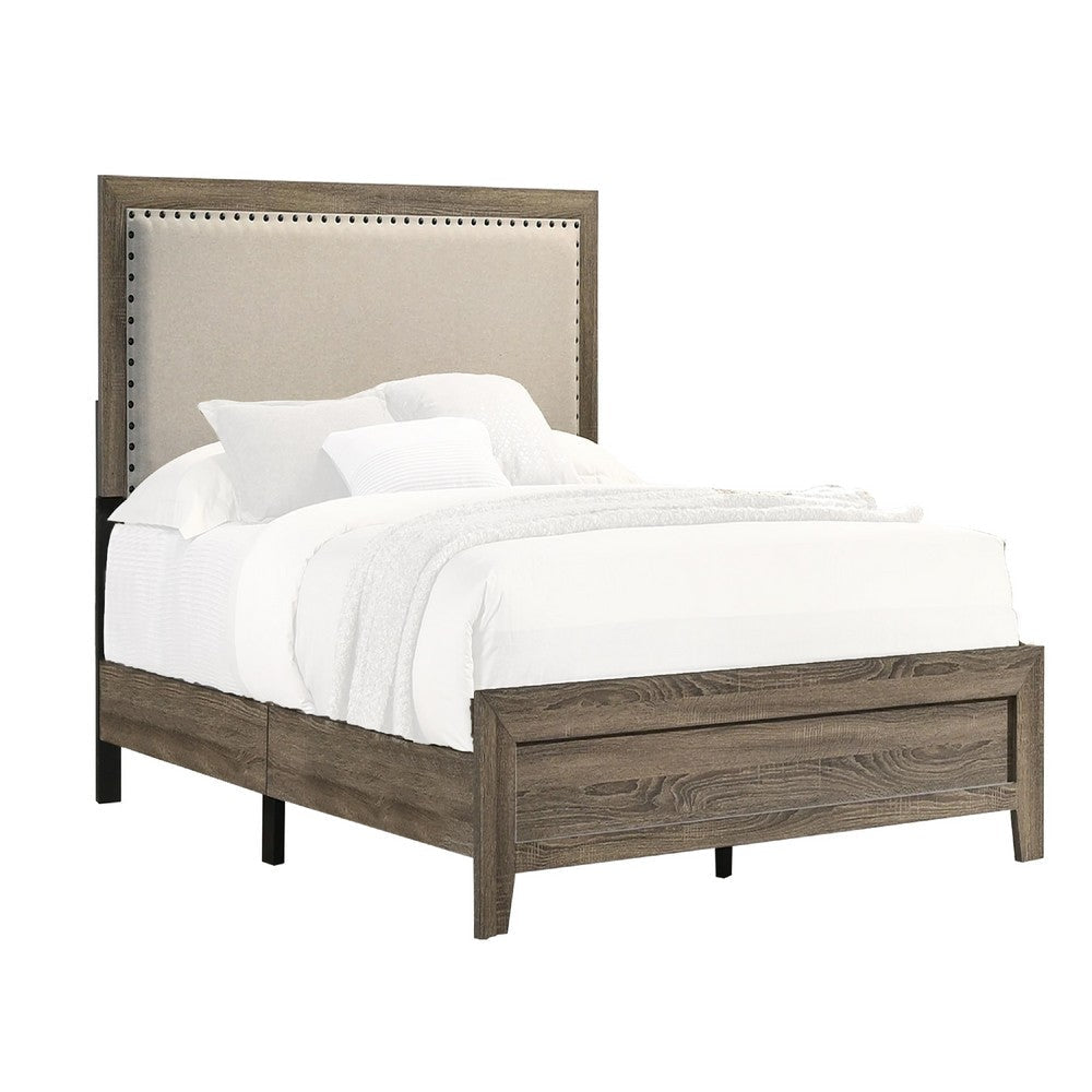Shannon Twin Panel Bed w Nailhead Trim | Ivory Fabric | Gray Wood BM338422