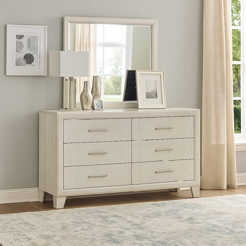 Charie Wide Dresser and Mirror Set | 6 Drawers | Tapered Legs | White Wood