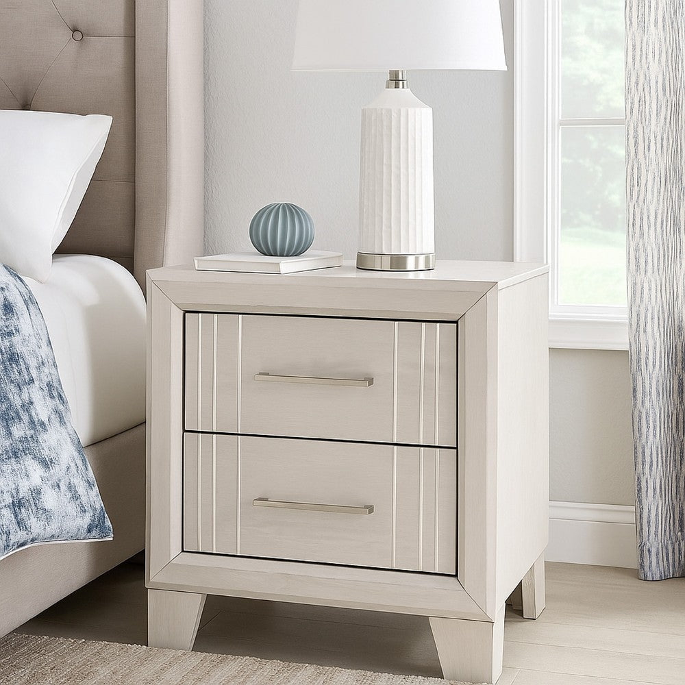 Charie Nightstand w 2 Drawers | Tapered Legs | Silver Metal | White Wood