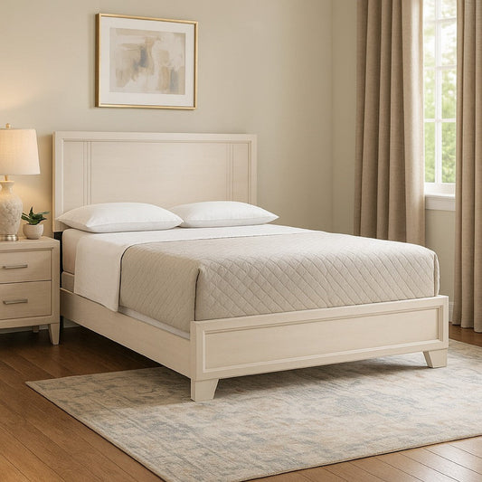 Charie King Bed w Panel-Style Headboard | Tapered Legs | White Wood