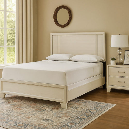 Charie Queen Bed w Panel-Style Headboard | Tapered Legs | White Wood