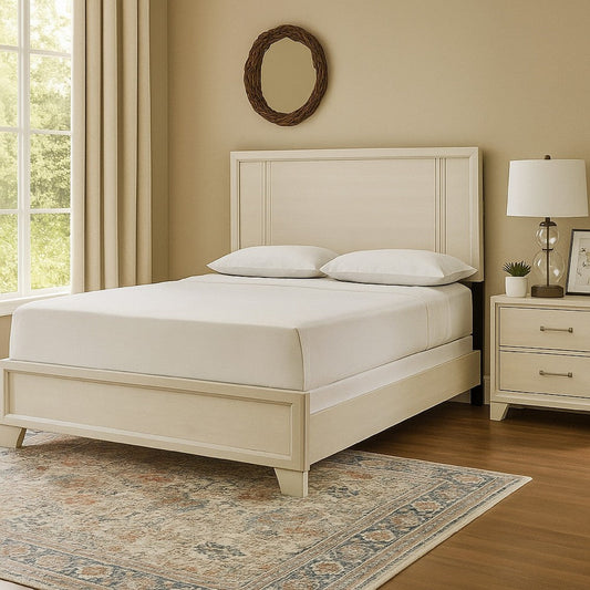 Charie Queen Bed w Panel-Style Headboard | Tapered Legs | White Wood