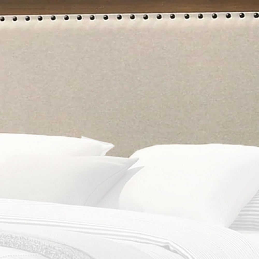 Shannon King Bed w Nailhead Trim | Ivory Fabric on | Cherry Brown Wood BM338430