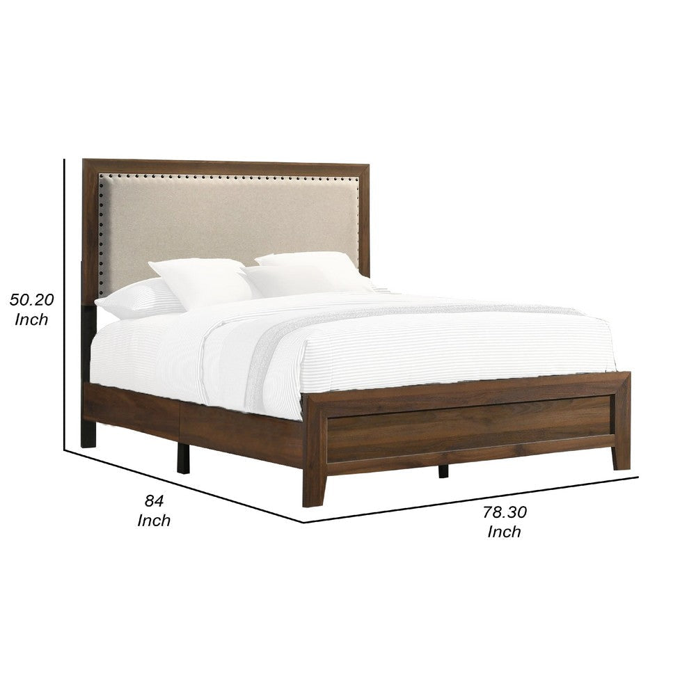 Shannon King Bed w Nailhead Trim | Ivory Fabric on | Cherry Brown Wood BM338430