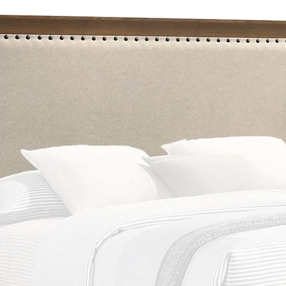 Shannon Queen Bed w Nailhead Trim | Ivory Fabric on Cherry Brown Wood BM338431