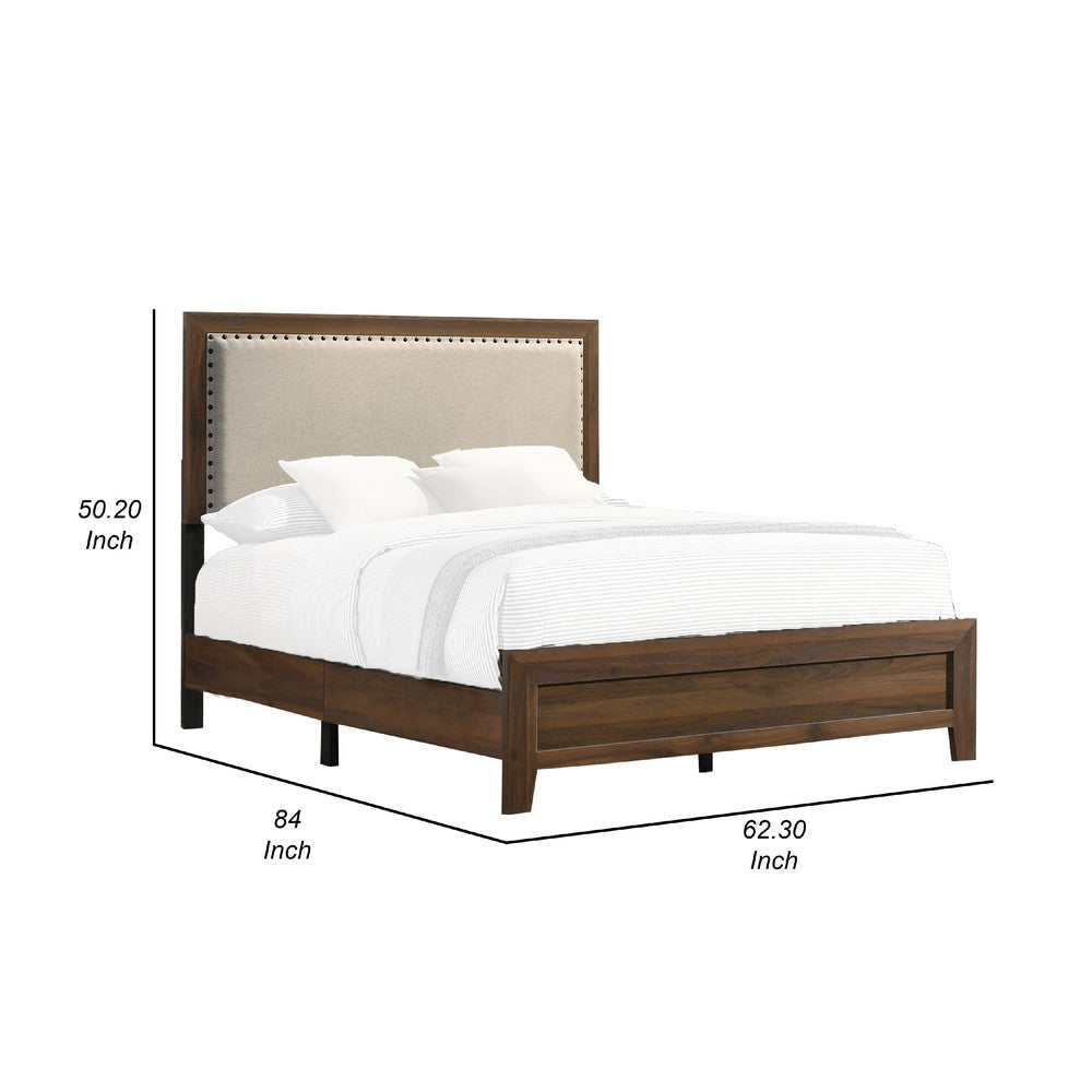 Shannon Queen Bed w Nailhead Trim | Ivory Fabric on Cherry Brown Wood BM338431