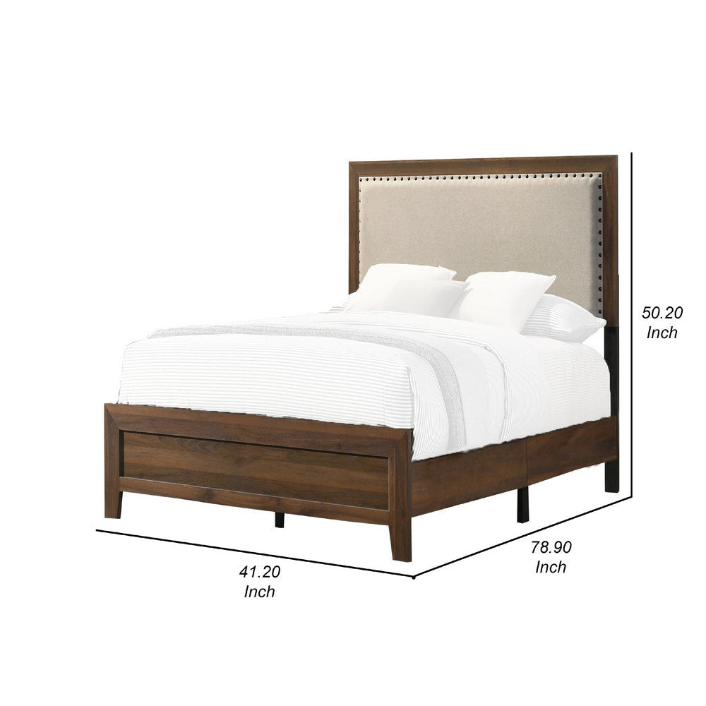 Shannon Twin Bed w Nailhead Trim | Ivory Fabric on Cherry Brown Wood BM338432