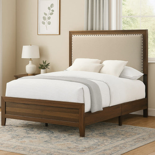 Shannon Twin Bed w Nailhead Trim | Ivory Fabric on Cherry Brown Wood BM338432