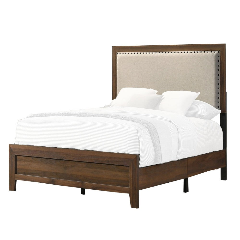 Shannon Twin Bed w Nailhead Trim | Ivory Fabric on Cherry Brown Wood BM338432