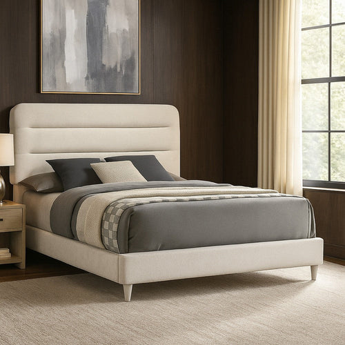 Meni Queen Size Bed | Scandinavian White Upholstery | Panel Headboard