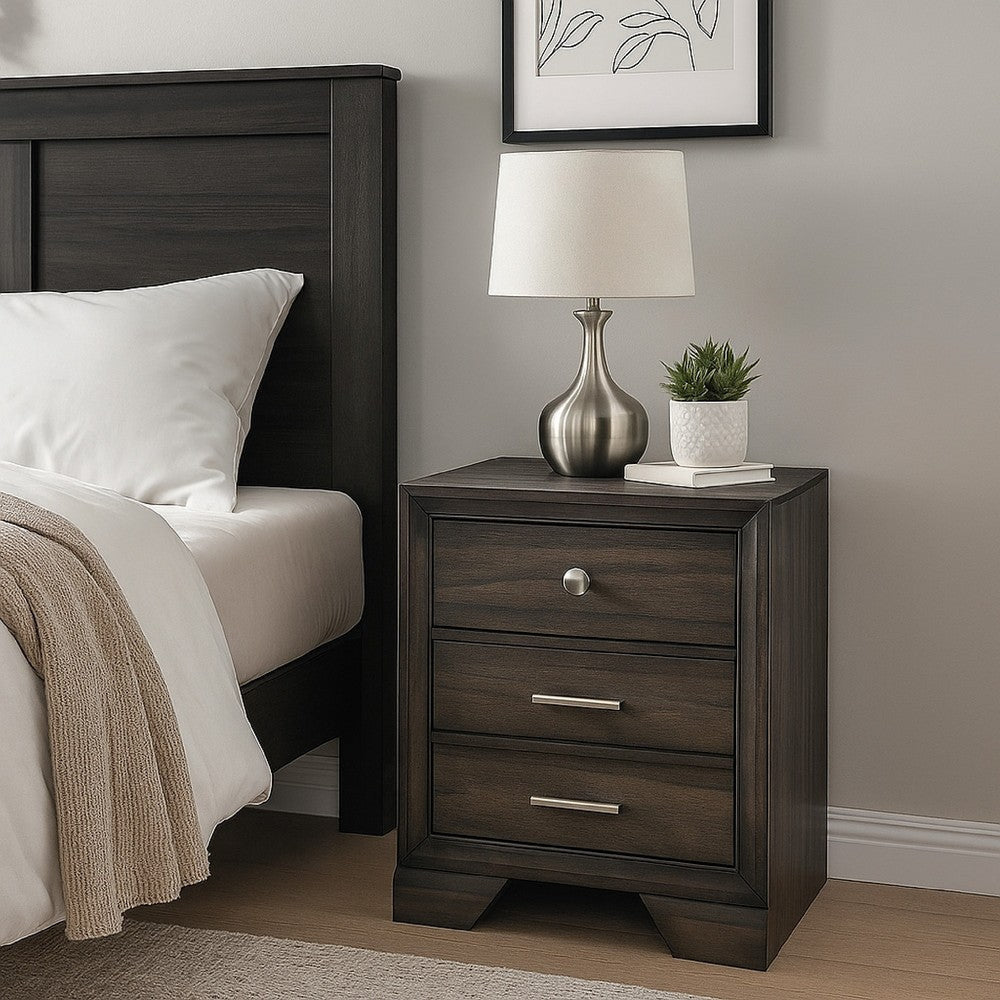 Jeni Nightstand | 3 Drawers | Chrome Metal Handles | Rustic Dark Gray