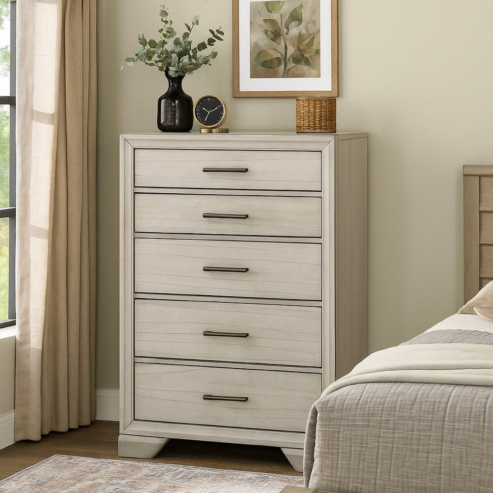 Jeni Tall Dresser Chest | 5 Drawers | Chrome Handles | Rustic White Mist