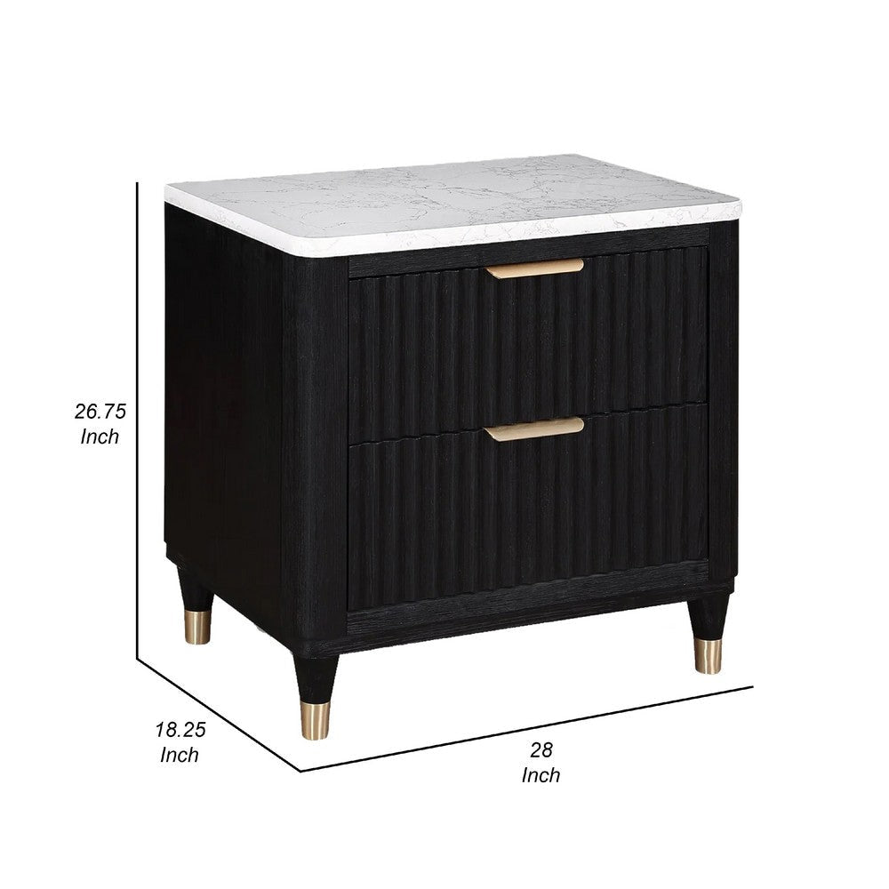 Frey Nightstand with 2 Drawers | White Faux Stone Top | Brass Legs | Black BM338447