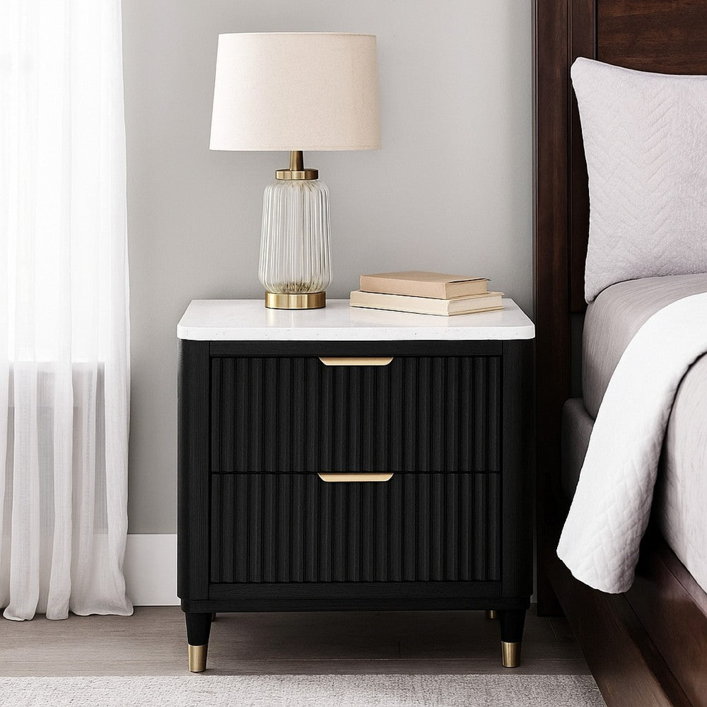 Frey Nightstand with 2 Drawers | White Faux Stone Top | Brass Legs | Black