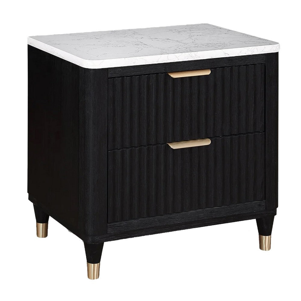 Frey Nightstand with 2 Drawers | White Faux Stone Top | Brass Legs | Black BM338447