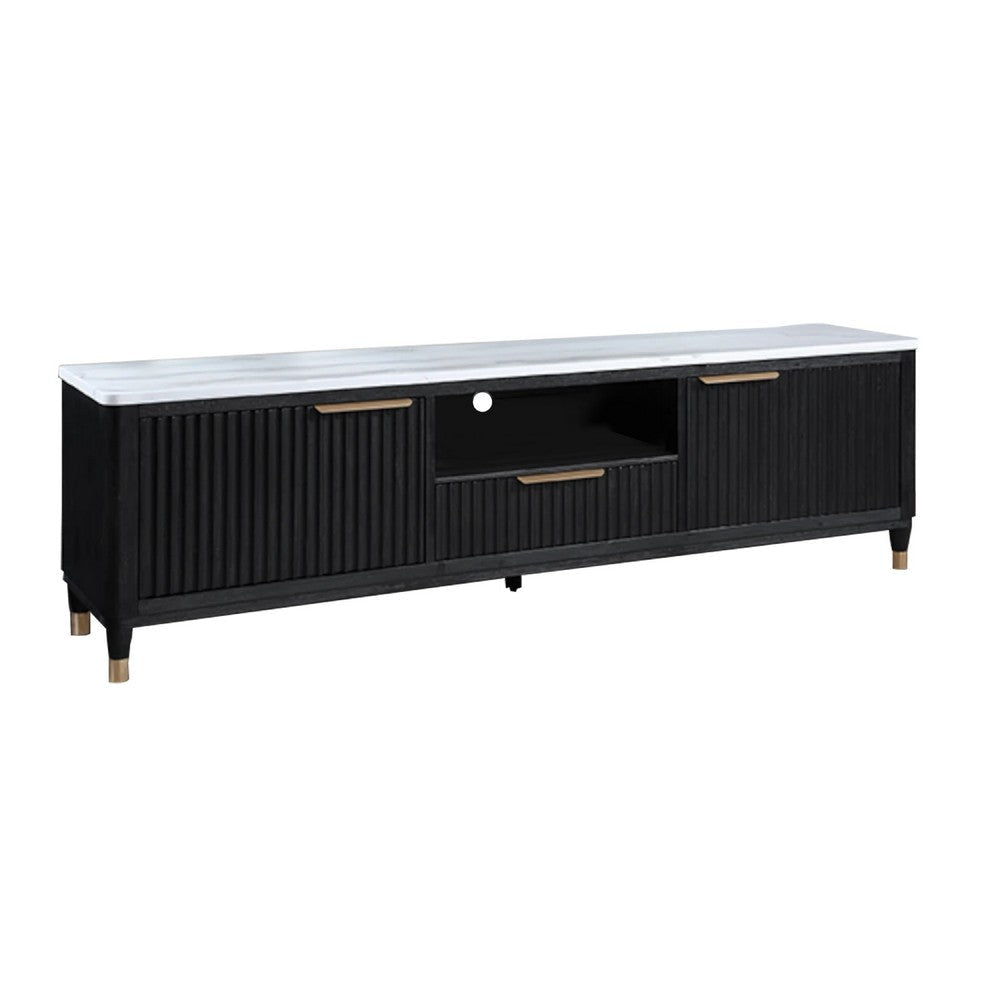 Frey TV Media Stand | 1 Drawer and Compartment | Brass Hardware | Black Wood