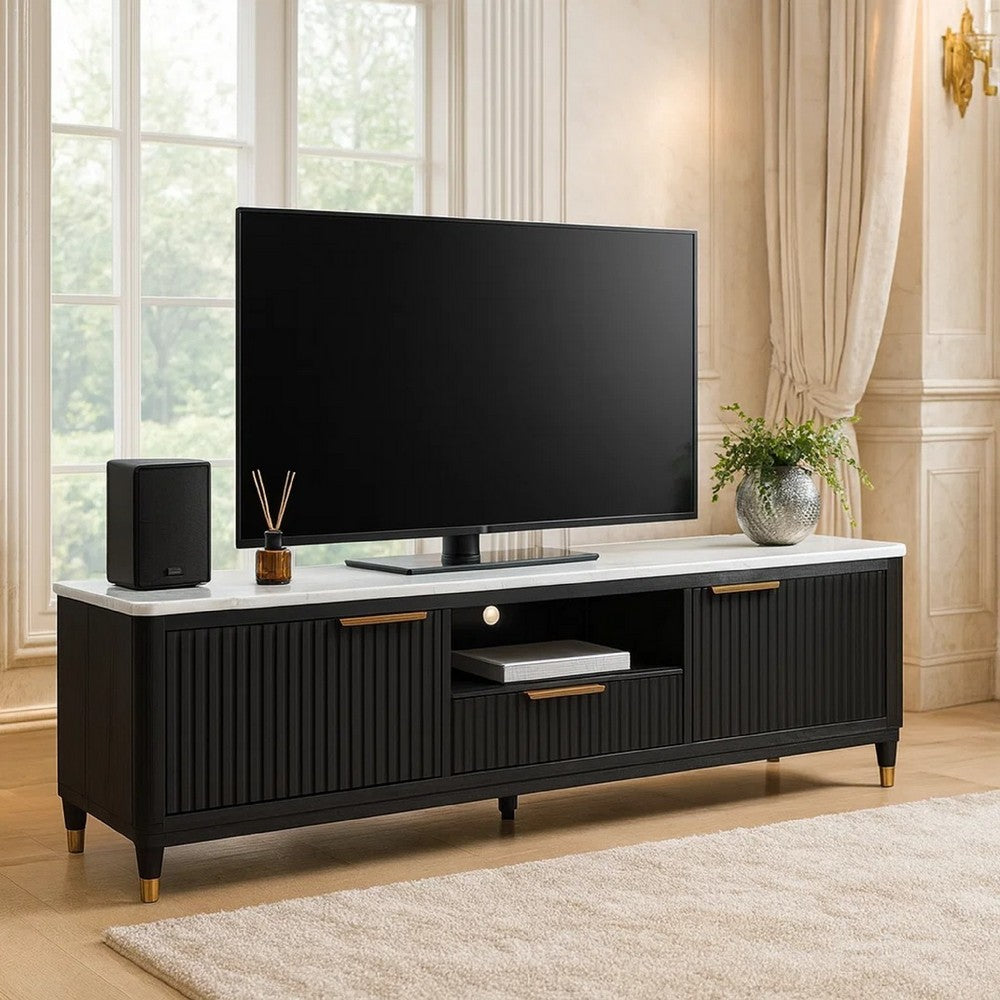 Frey TV Media Stand | 1 Drawer and Compartment | Brass Hardware | Black Wood