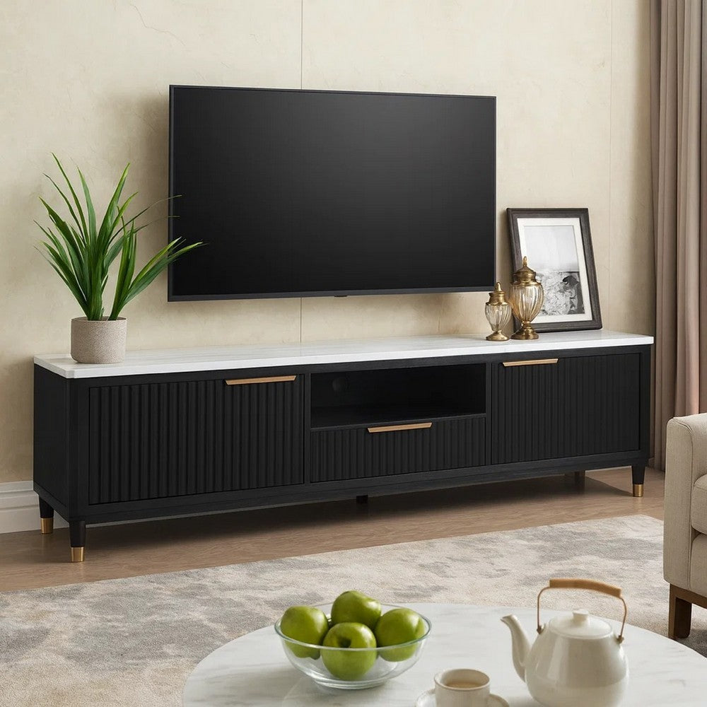 Frey TV Media Stand | 1 Drawer and Compartment | Brass Hardware | Black Wood