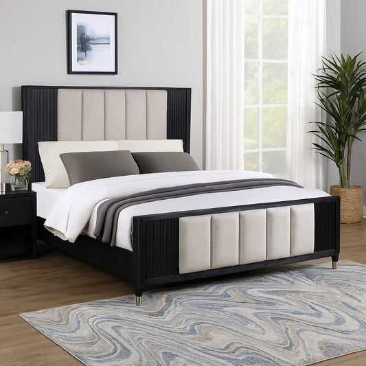 Frey King Size Bed w Tufted Headboard Off White Upholstery | Black